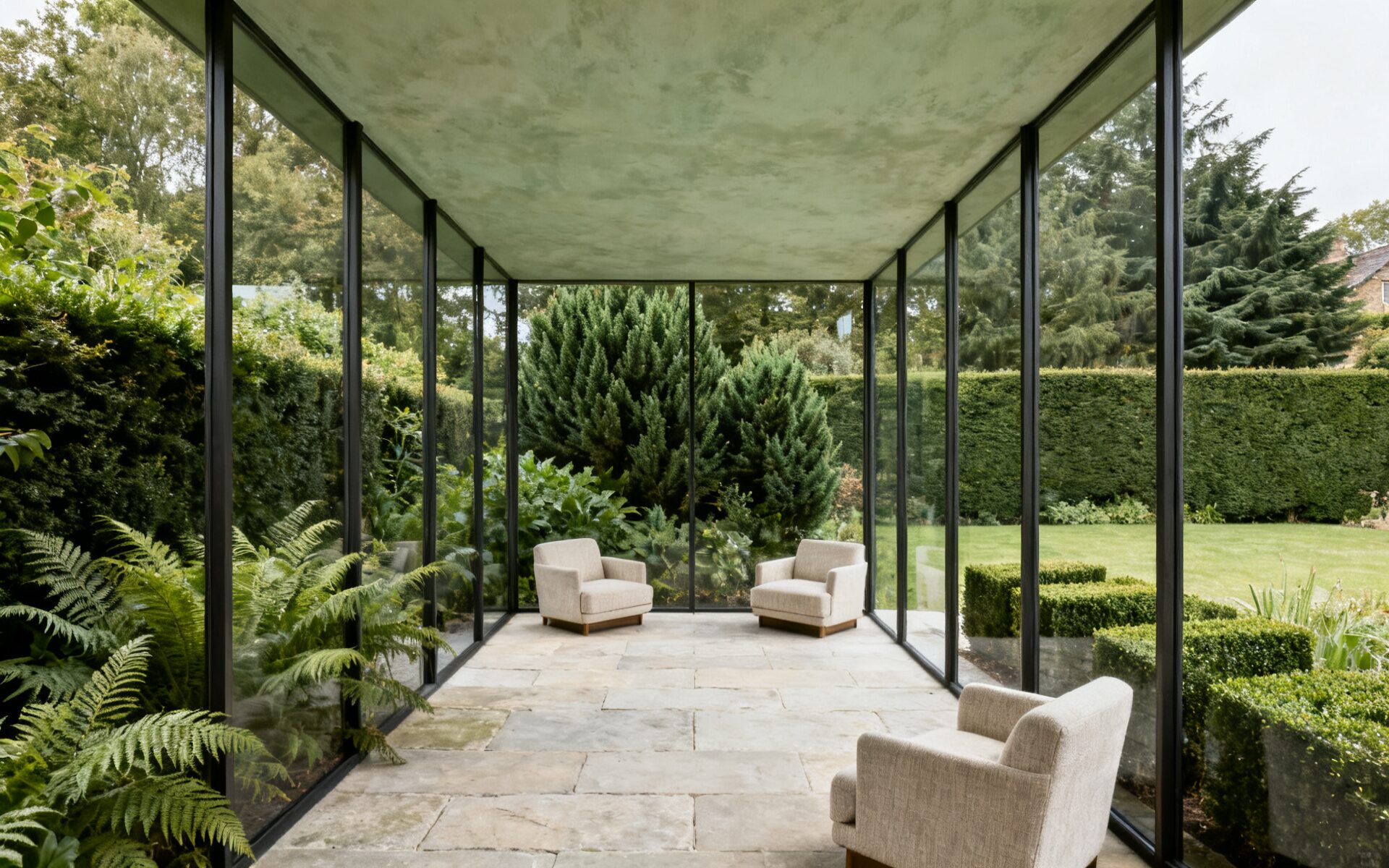 A glazed garden pavilion with slender dark steel frames, open to mature planting on two sides. Ferns and clipped hedging press against the glass, cream armchairs stand on stone paving, and a large conifer fills the view beyond.