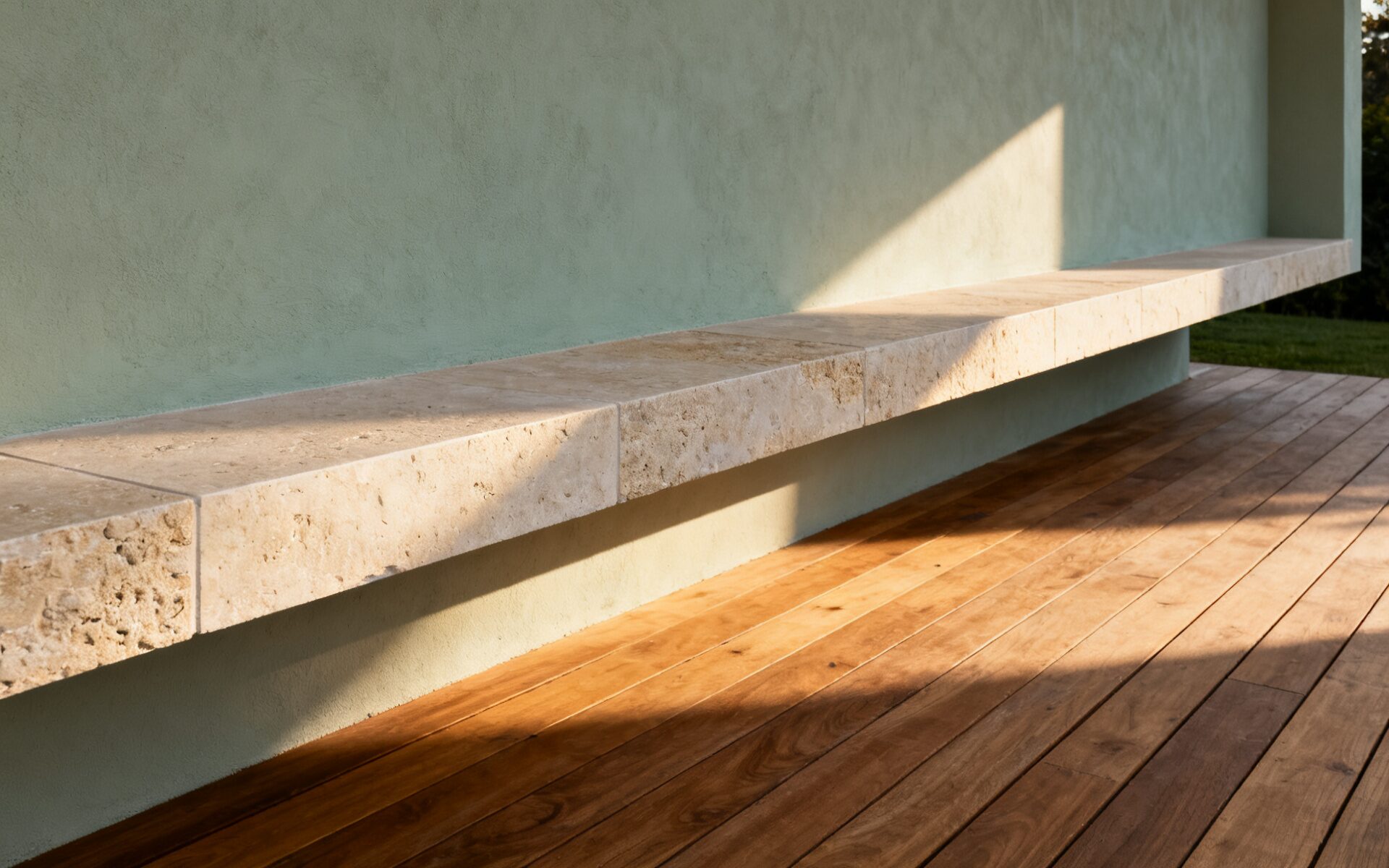 A long honed limestone coping cantilevered from a wall of pale green lime plaster, with low afternoon sun raking across the stone and throwing a soft diagonal shadow down onto wide oak decking.