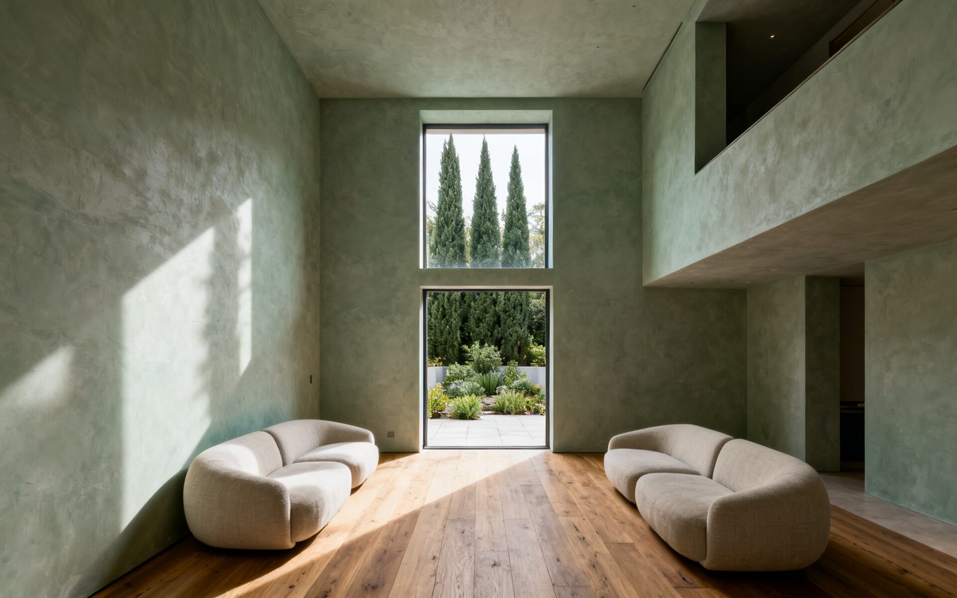 A double-height room in pale green lime plaster, with a tall slot window and a glazed door opening onto planting. Two curved cream sofas sit on a wide oak floor, and a mezzanine edge crosses the upper right.