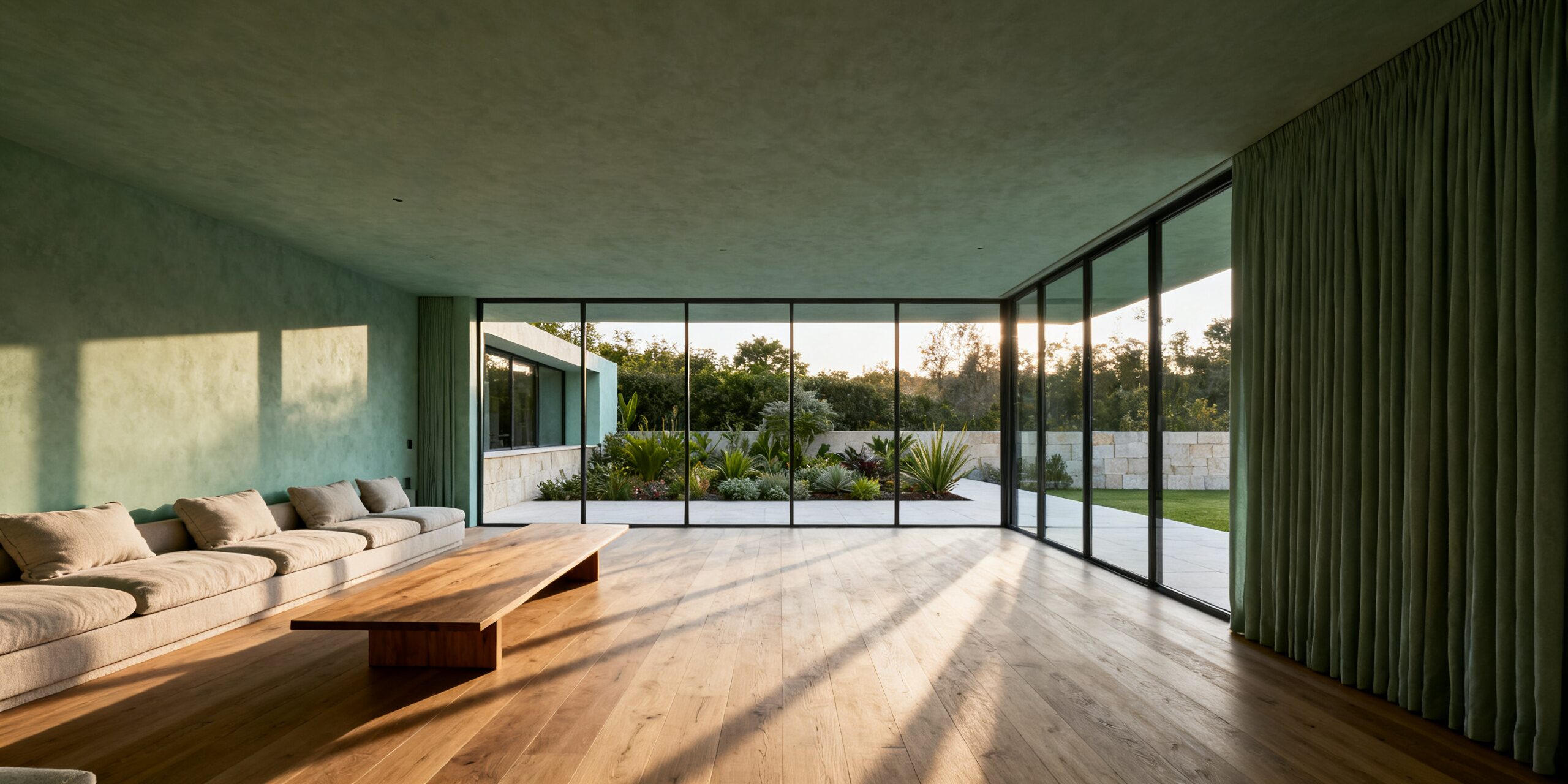 A long living room with a full-height glazed wall down one side and a heavy curtain at the far end. A low pale sofa and a long oak table sit on a wide oak floor, with late sun raking across the boards toward a planted courtyard outside.