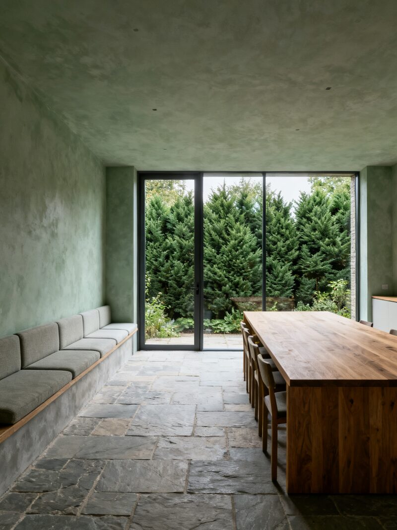 A long shared room with pale green plaster walls and a flagged stone floor. A built-in cushioned bench runs the length of one wall beside a long oak table, and full-height glazing at the far end opens onto a dense conifer hedge.