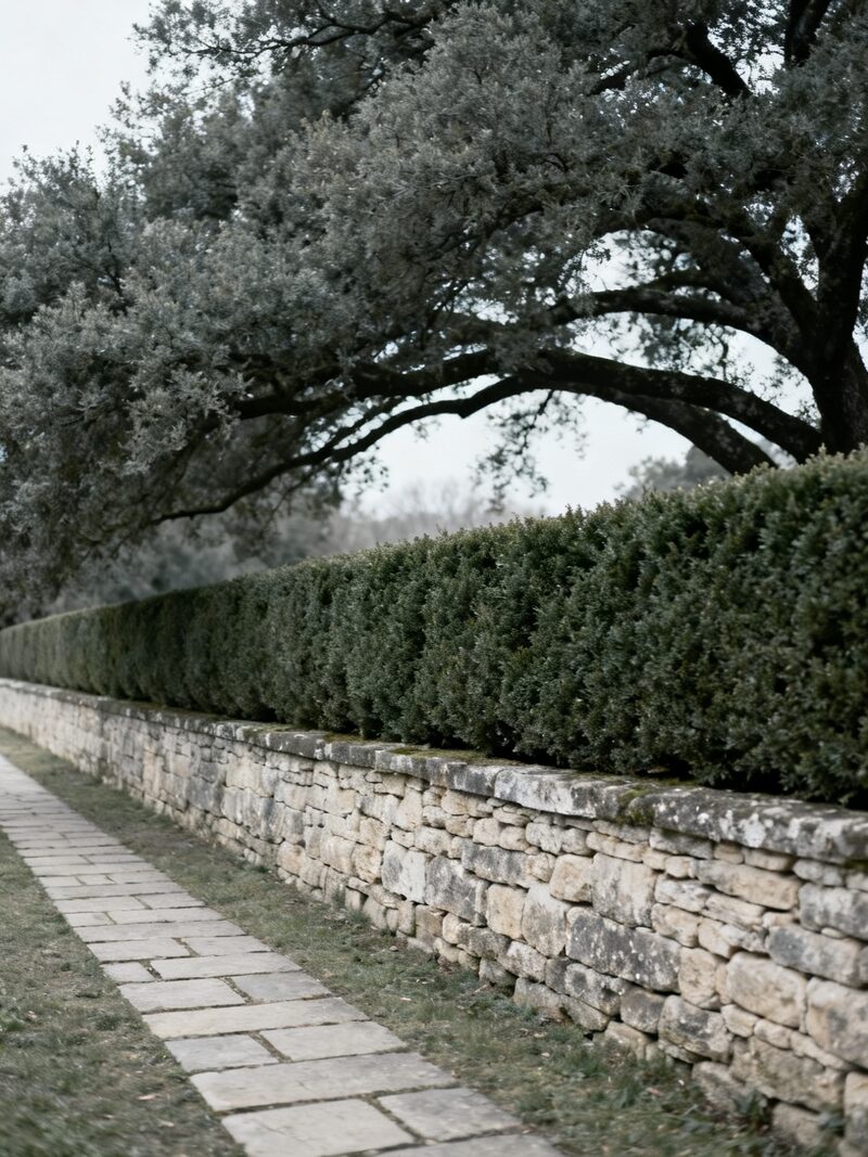 A stone path running beside a low dry stone wall topped with clipped evergreen hedging, with mature trees overhead and late sun catching the leaves.