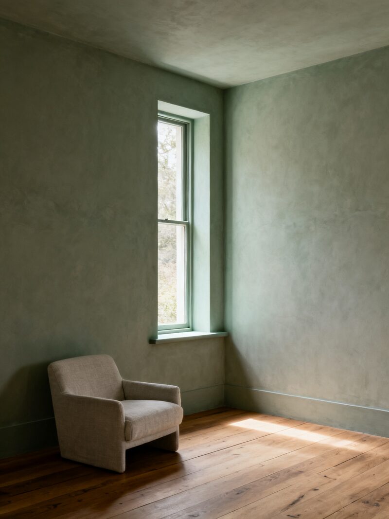 A quiet corner of a room in pale green lime plaster, with a tall window to the left, a single low cream armchair against the wall, and afternoon light falling in a soft band across wide oak boards.